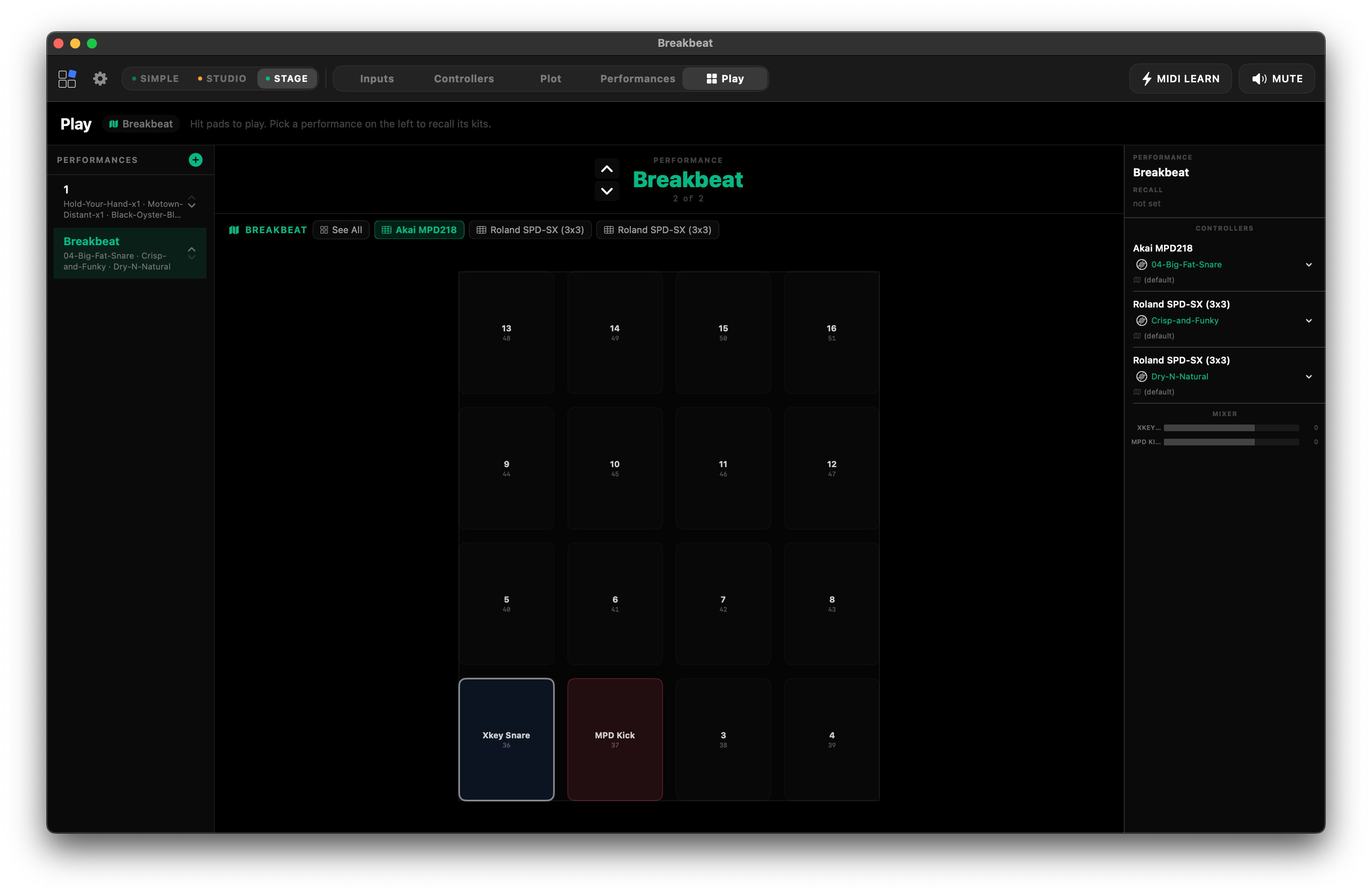 Breakbeat play view, displaying a sixteen-pad controller layout with performance assignments.