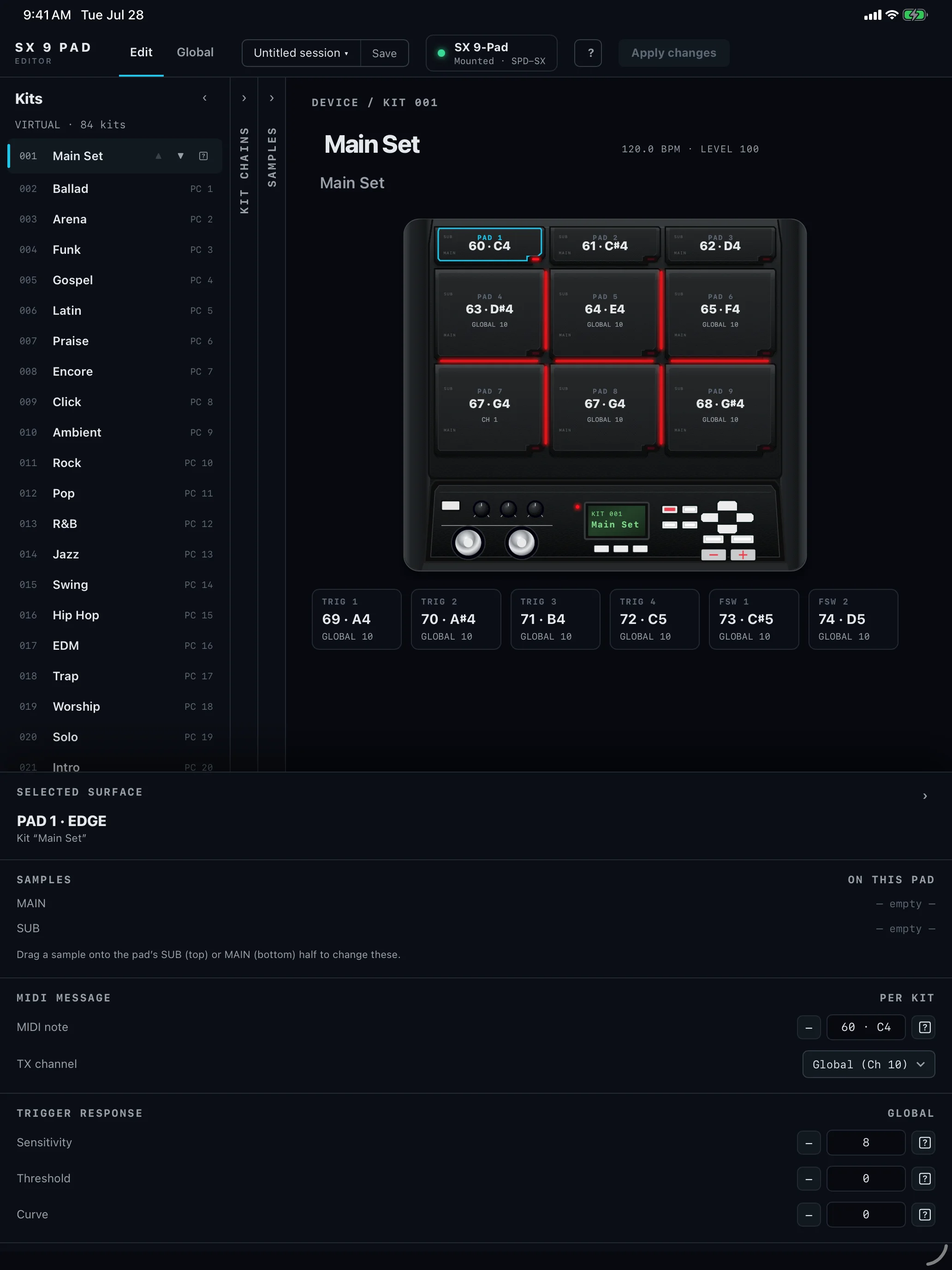 SX 9 Pad Editor first-launch screen on iPad