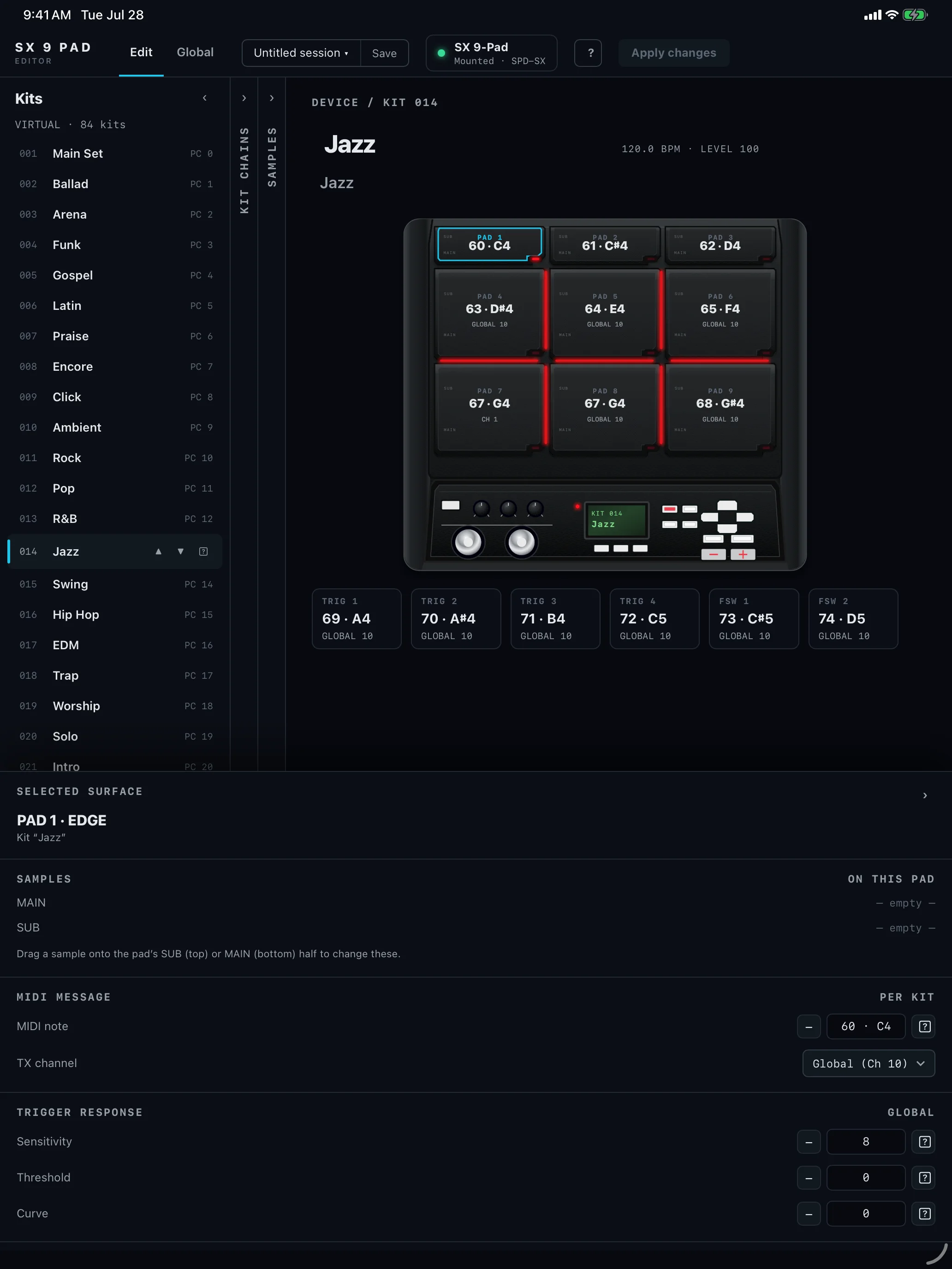 SX 9 Pad Editor kit editor on iPad