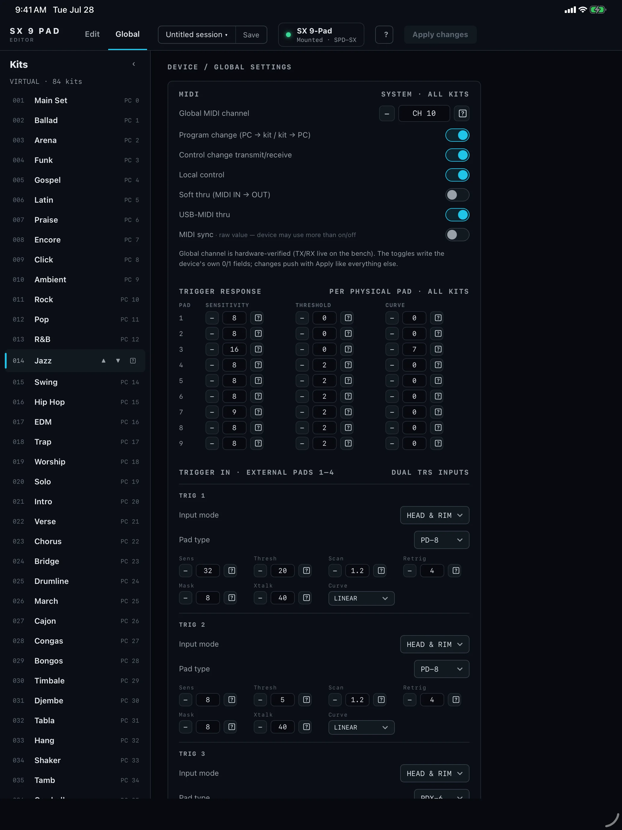 SX 9 Pad Editor global settings on iPad