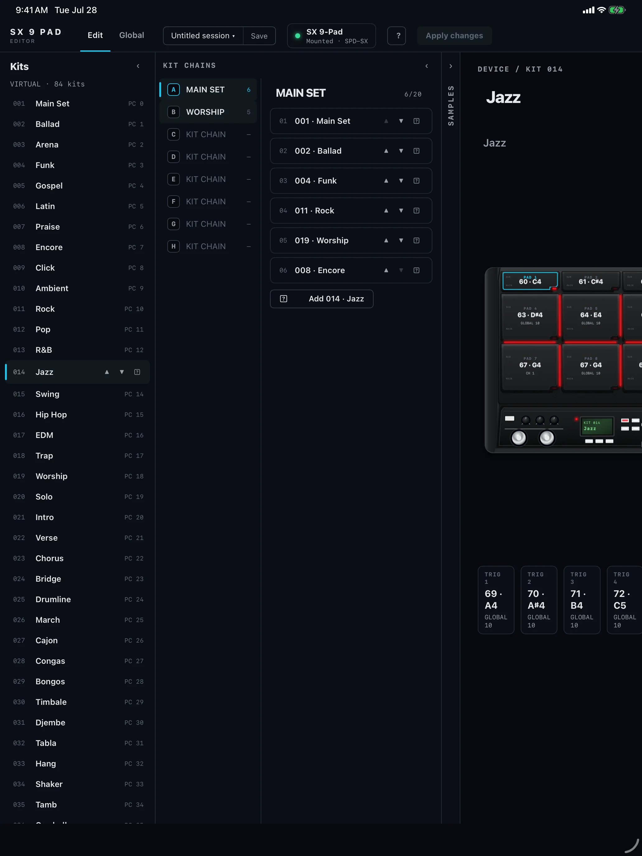 SX 9 Pad Editor kit chains on iPad