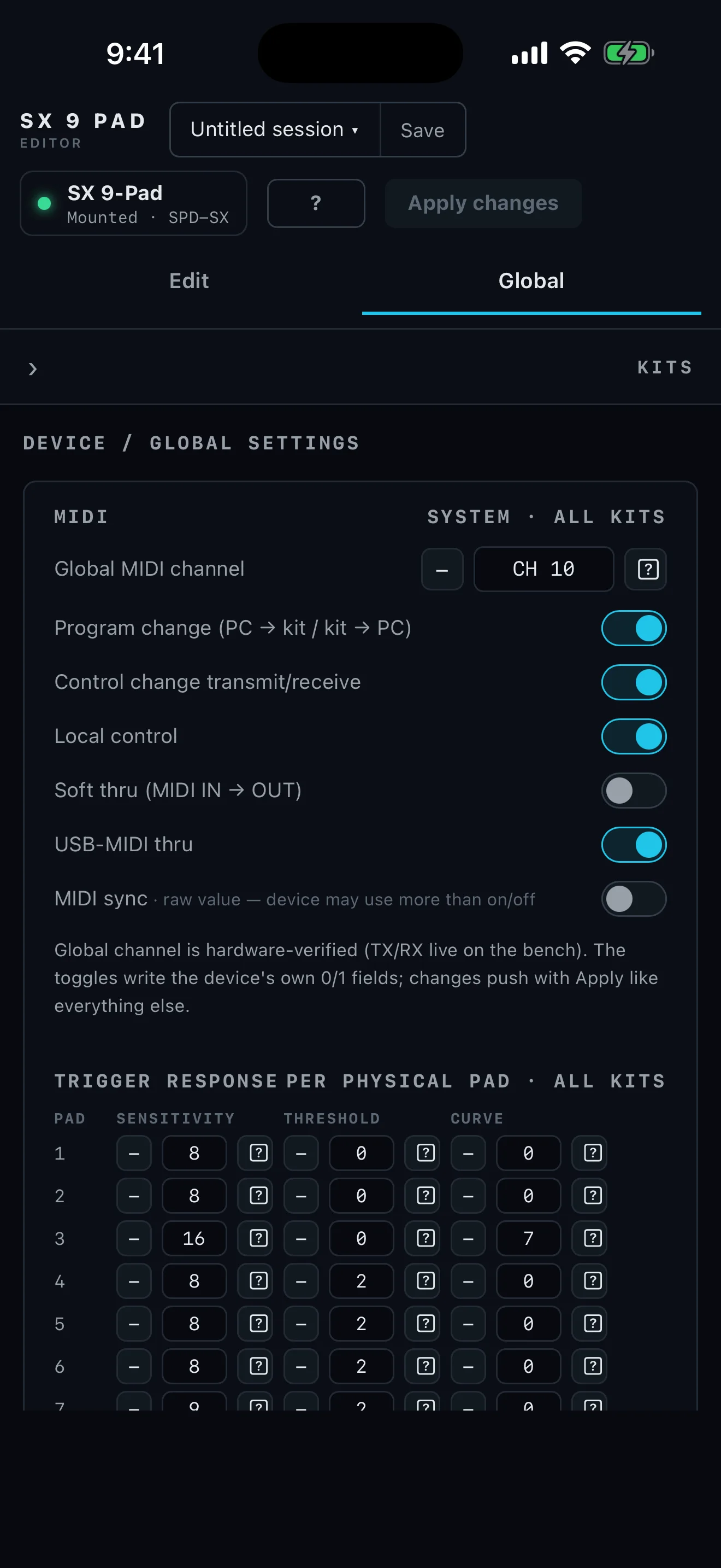 SX 9 Pad Editor global settings on iPhone