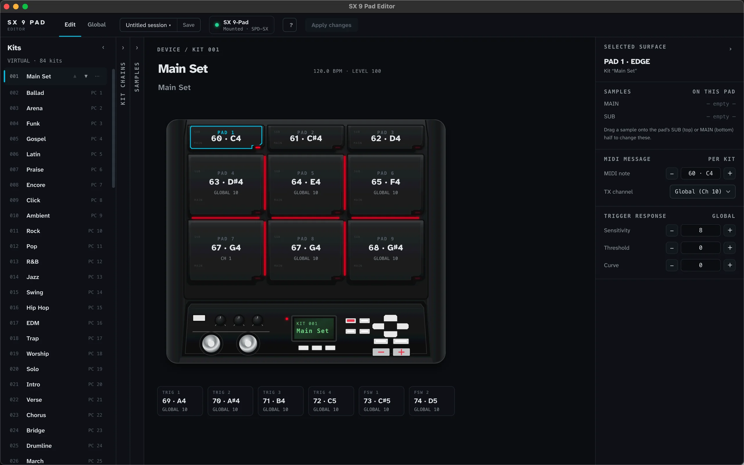 SX 9 Pad Editor first-launch workspace on Mac