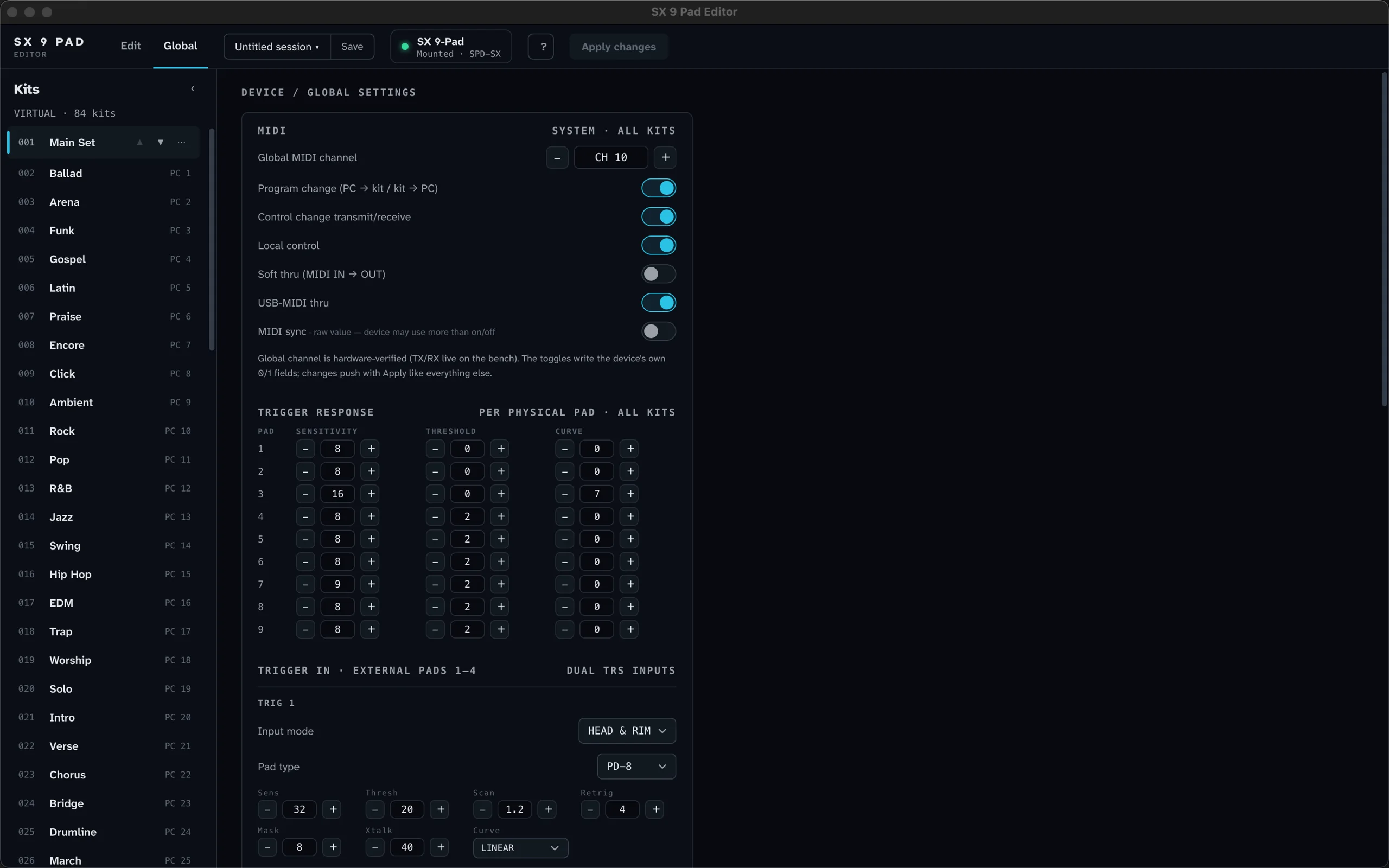 SX 9 Pad Editor global settings on Mac